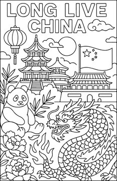 China mit traditionellen chinesischen Elementen, Cartoon-Umriss, handgezeichnete Linienkunst-Illustration, Doodle-Kunst-Malvorlage f&uuml;r Kinder