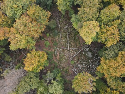Aerial view of Felsenmeer Odenwald featuring a unique sea of large boulders surrounded by dense autumn-colored forest in Lautertal, Hessen, Germany.