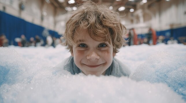 Child landing safely in bright foam pit after jump detailed focus on kids joyful expression with blurred gym apparatus around.