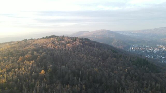 Aerial view of forested hills in autumn with a small town in the distance in Eppstein, Hessen, Germany.