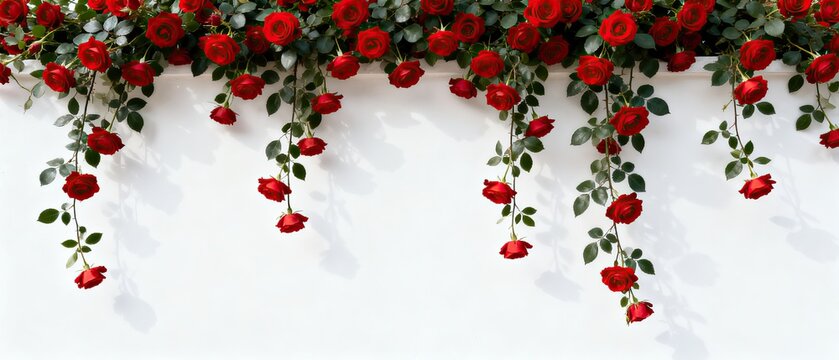 Hanging red rose vine decorative border on plain white background, romantic floral garland, wedding valentine floral design, banner ornament element