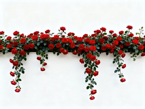 Hanging red rose vine decorative border on plain white background, romantic floral garland, wedding valentine floral design, banner ornament element