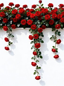 Hanging red rose vine decorative border on plain white background, romantic floral garland, wedding valentine floral design, banner ornament element