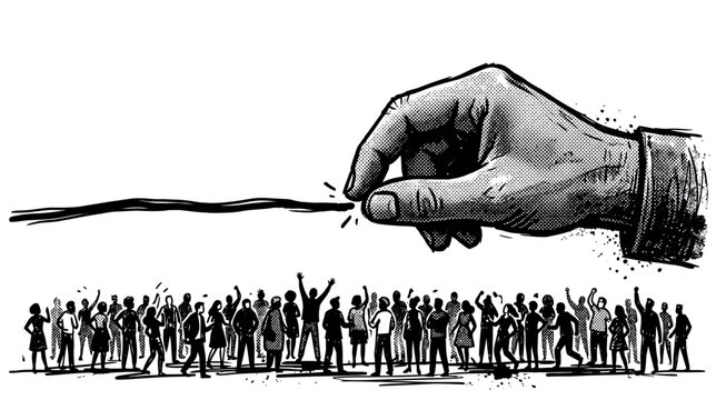 Giant hand manipulates crowd with thin line illustration