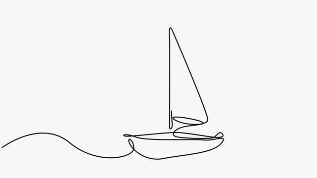 Continuous single line art drawing animation of sailboat on water with white background