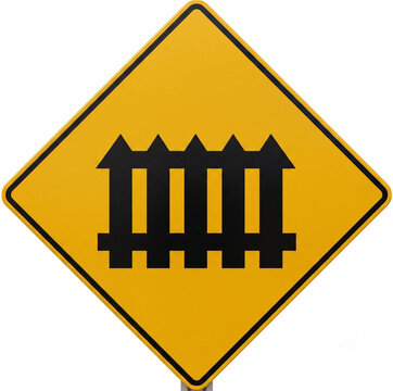 Yellow diamond railroad crossing warning traffic sign illustration with fence icon isolated on white background