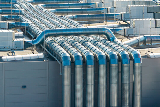 Aerial view of industrial ventilation ducts on the rooftop of the Saxdor Shipyard facility in Elk, Warminsko-Mazurskie, Poland.