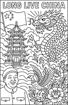 China mit traditionellen chinesischen Elementen, Cartoon-Umriss, handgezeichnete Linienkunst-Illustration, Doodle-Kunst-Malvorlage f&uuml;r Kinder