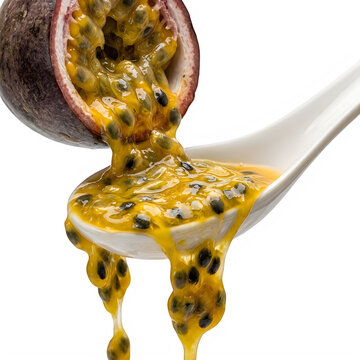 Fresh passion fruit pulp pouring into a white spoon isolated on transparent background