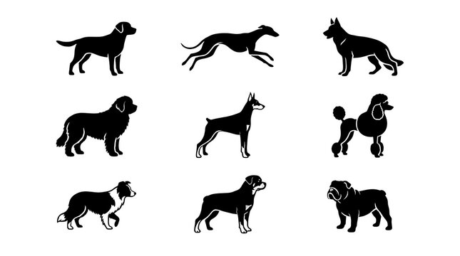Various dog breeds silhouette set, ensemble de silhouettes de chiens, Hunderassen Silhouetten Set, conjunto de siluetas de perros, 犬の品種 シルエットセット, 各种狗品种剪影