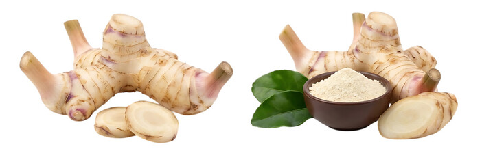 Fototapeta premium Fresh galangal root rhizome with slices and ground galangal in bowl on white background galangal ingredient isolated background transparent culinary seasoning transparent background PNG