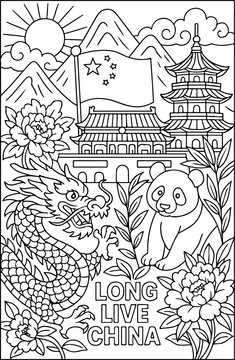 China mit traditionellen chinesischen Elementen, Cartoon-Umriss, handgezeichnete Linienkunst-Illustration, Doodle-Kunst-Malvorlage f&uuml;r Kinder