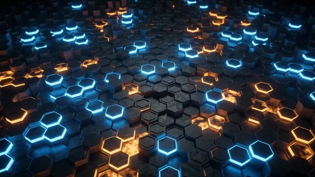 Abstract hexagonal pattern with glowing blue and orange rings moving across a dark textured surface during a cinematic reveal
