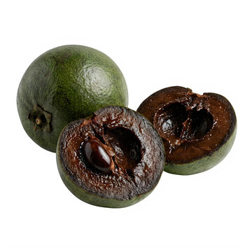 Fresh black sapote fruit whole and cut in half isolated on transparent background