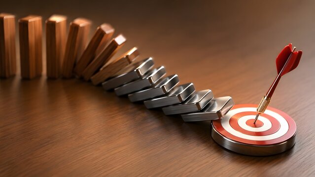 Domino effect concept with falling blocks hitting a red target with bullseye arrow illustrating business strategy and success