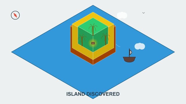 Isometric 2D Animation of Tropical Island Discovery in Blue Ocean