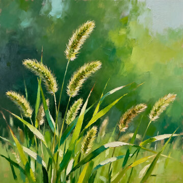 Impressionist Oil Painting Green Foxtail Grass In Summer Light