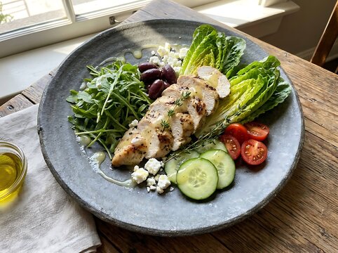 Fresh healthy chicken salad with green lettuce cherry tomatoes cucumber and feta cheese on a gray plate. chicken thyme salad