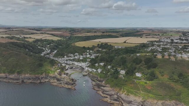 Polperro Harbour and Village from a drone, Polperro, Looe, Cornwall, England