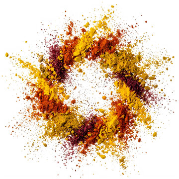 Colorful spice powder explosion in a circular shape isolated on transparent background