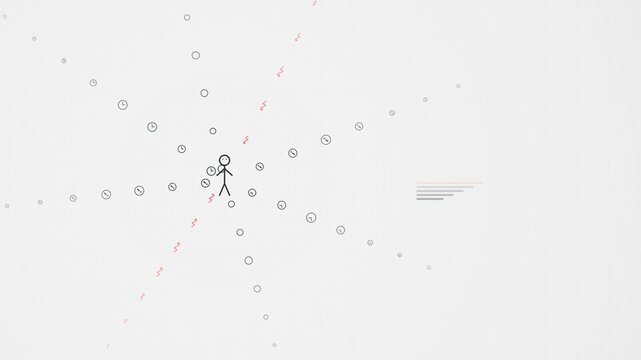 Minimalist Stick Figure Overwhelmed by Time and Alert Icons
