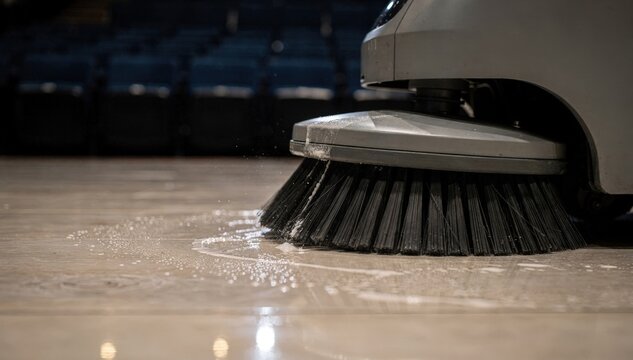 Closeup of autonomous scrubbers front brush system actively cleaning polished aisles in a nearly empty theater with seats fading into darkness around.