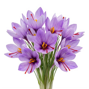 Beautiful purple saffron crocus flowers in a bouquet isolated on transparent background