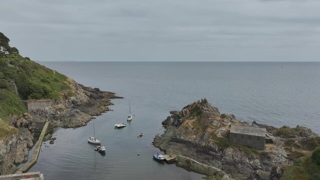 Polperro Harbour and Village from a drone, Polperro, Looe, Cornwall, England