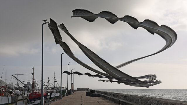 View of a chronophoto effect capturing the graceful flight path of birds above a harbor with fishing boats docked along a concrete pier in Cape Town, Western Cape, South Africa.