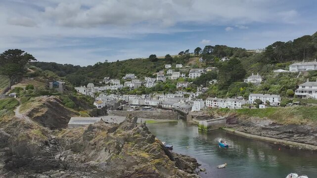 Polperro Harbour and Village from a drone, Polperro, Looe, Cornwall, England