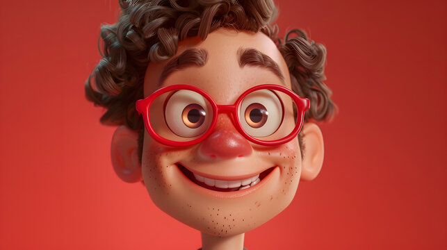 Cheerful young boy with curly hair and red glasses smiling on a vibrant red backdrop
