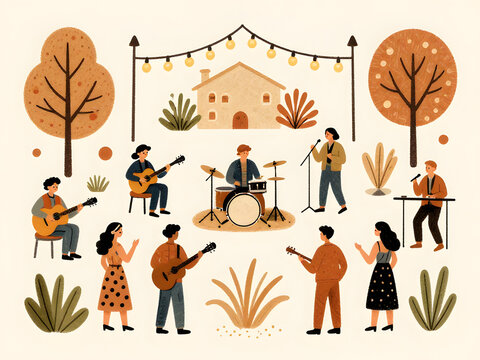 Outdoor Band Performance: A group of musicians performs on an outdoor stage, surrounded by autumn foliage and string lights, creating a lively and festive atmosphere.