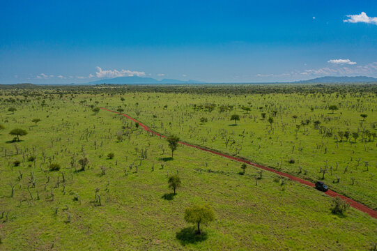 Aerial view of Pian Upe Game Reserve with a red dirt road winding through the vast green savanna landscape under a clear blue sky in Namalu, Northern Region, Uganda.