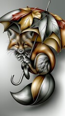 Fototapeta premium AI-generated humorous, charming illustration of a fox held aloft by an umbrella, in black, gray, white, orange and green