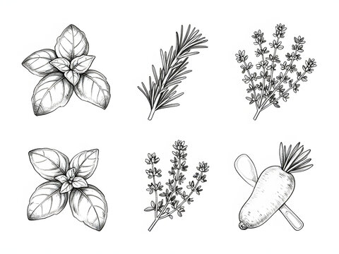 Herbs and Root Vegetable Sketch: A vintage-style sketch features an arrangement of culinary herbs including basil and rosemary, alongside a simple drawing of a root vegetable.