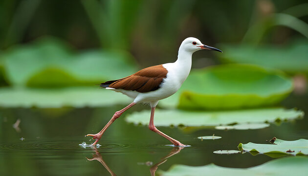 Medium Shot of Jacana Navigating Lily Pads in Serene Pond
