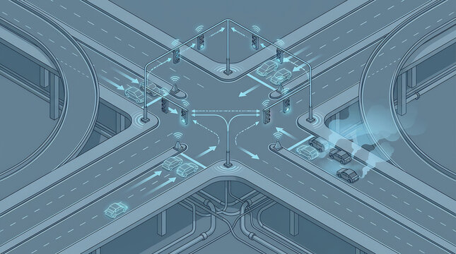 Technical isometric diagram of a smart city traffic intersection featuring interconnected vehicles and sensors communicating data for optimized urban mobility and safety