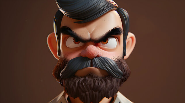 Detailed 3D rendering of an angry man with thick eyebrows and a large mustache.