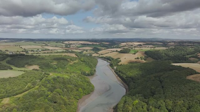 Fields over LOOE and River Looe from a drone, Cornwall, England