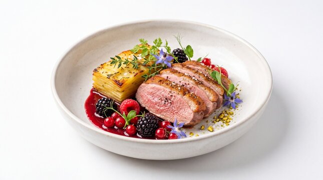 Roasted pork loin with berry sauce and fresh garnish