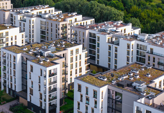 Aerial view of modern apartment buildings with green roofs in the Letnica district of Gdansk, Pomeranian Voivodeship, Poland.