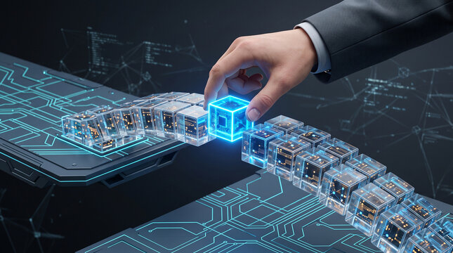 Digital infrastructure connection showing hand placing glowing data cube to bridge technological network gaps