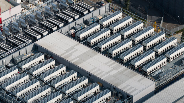 Aerial view of Data Center Roof Cooling Systems in Slough