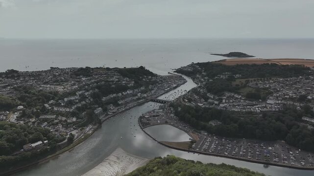 LOOE over River Looe from a drone, Cornwall, England
