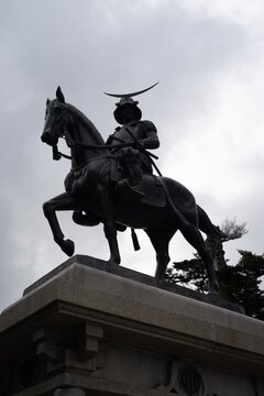 Equestrian statue of Date Masamune, famous samurai warlord at Sendai Castle ruins in Miyagi, Japan