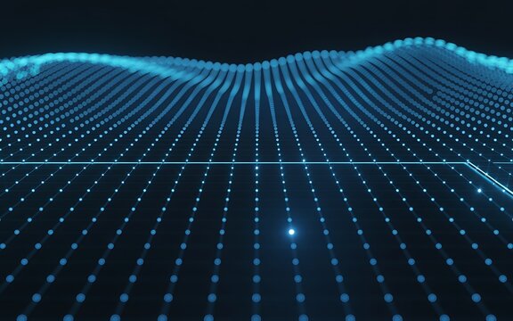 Abstract digital landscape formed by a wave of glowing blue dots and lines receding into a dark background, suggesting data visualization and digital terrain