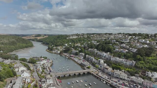 LOOE over River Looe from a drone, Cornwall, England