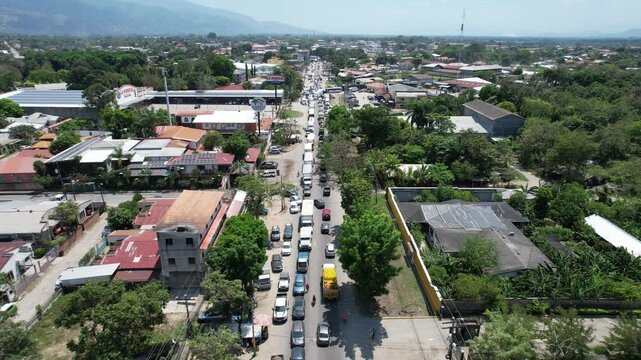Aerial view of traffic on a road in San Pedro Sula, Cortes Department, Honduras.