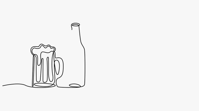 Continuous line art animation drawing of various beer glasses, a bottle, and a beverage can.