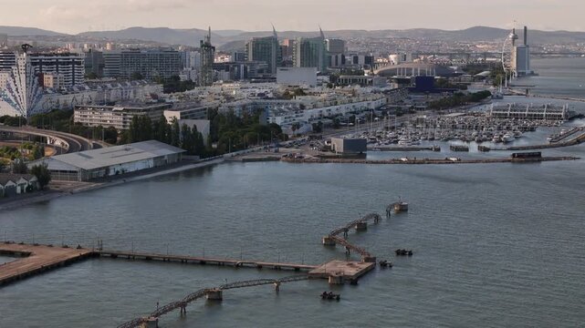 Aerial view of Parque das Nacoes waterfront and marina in Lisbon, Lisbon, Portugal.